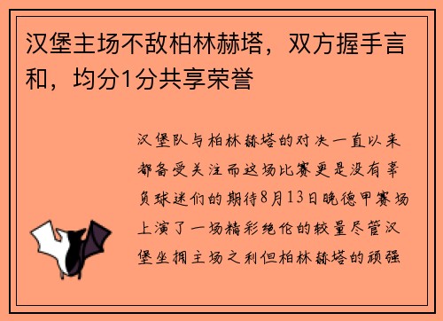 汉堡主场不敌柏林赫塔，双方握手言和，均分1分共享荣誉