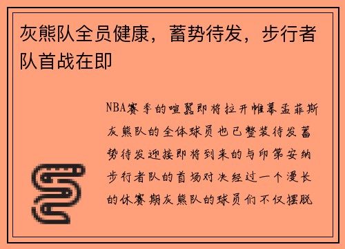 灰熊队全员健康，蓄势待发，步行者队首战在即