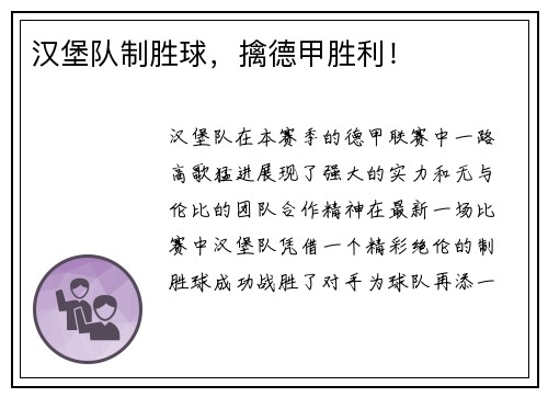 汉堡队制胜球，擒德甲胜利！