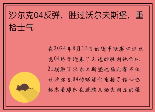 沙尔克04反弹，胜过沃尔夫斯堡，重拾士气